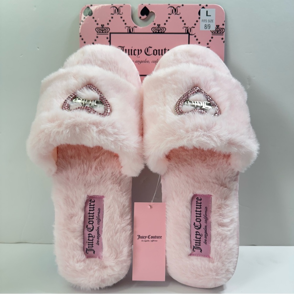 Juicy Couture YK2 JC-Hearty Pink Studded Heart-Faux Fur Slippers - Picture 3 of 8